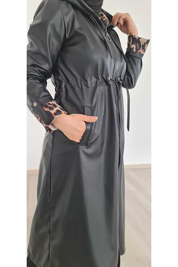 Leopar Astarlı Kapşonlu Deri Trençkot - 2