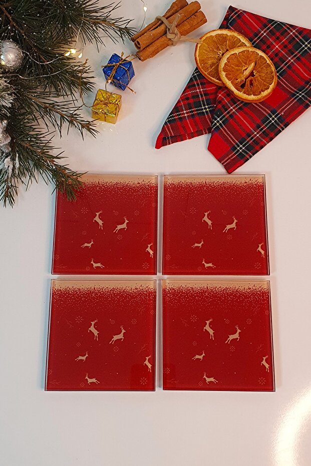 Glass Coaster| New Year Red 5-Piece Deer| Set of 4| 10cm X 10cm