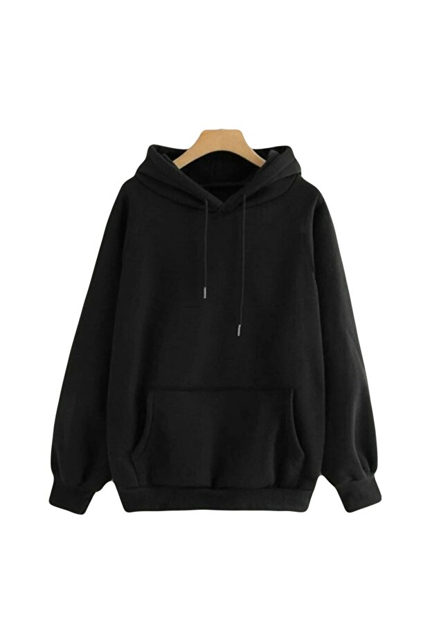 Siyah-gri Oversize Kapüşonlu Swetshirt - 2