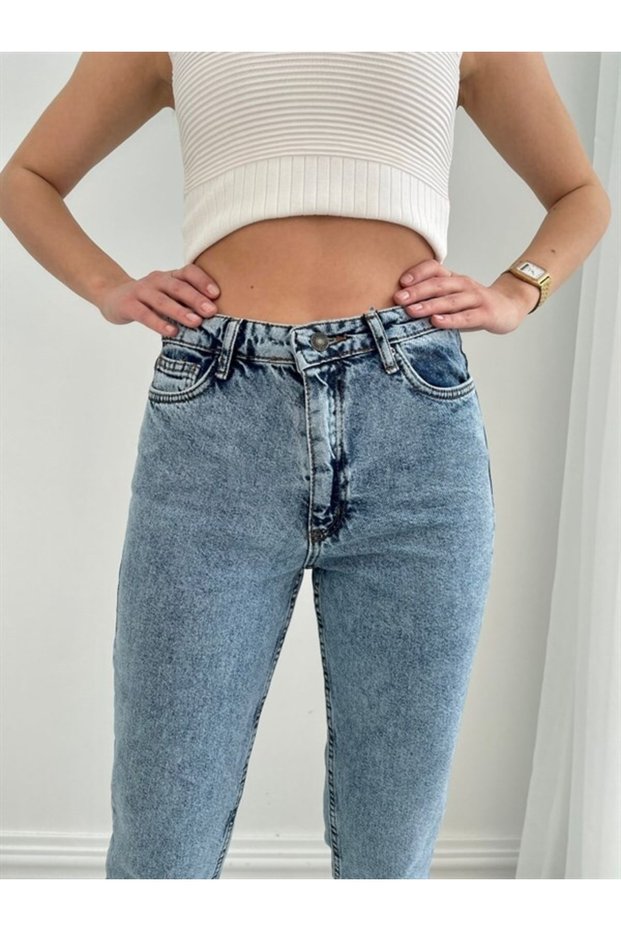 Mom Jean Snow Wash High Waist Lycra Denim Jeans