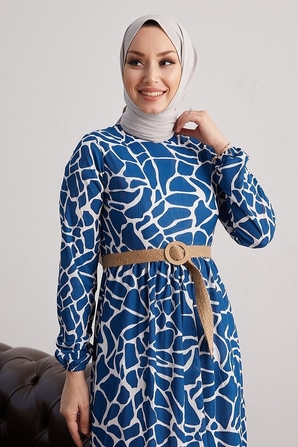 Else Taş Desenli Hasır Kemerli Elbise - Indigo - 3