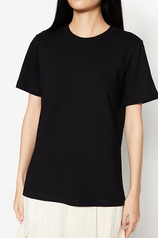 Siyah %100 Kalın Pamuklu Basic Bisiklet Yaka Örme T-Shirt TWOSS23TS00042 - 4