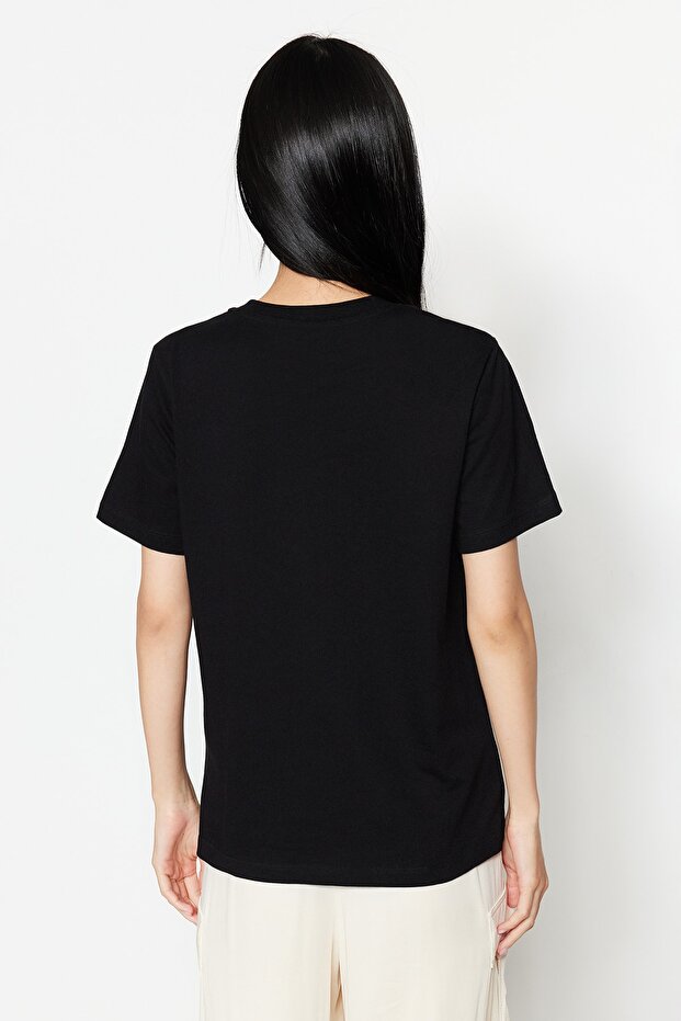 Siyah %100 Kalın Pamuklu Basic Bisiklet Yaka Örme T-Shirt TWOSS23TS00042 - 6