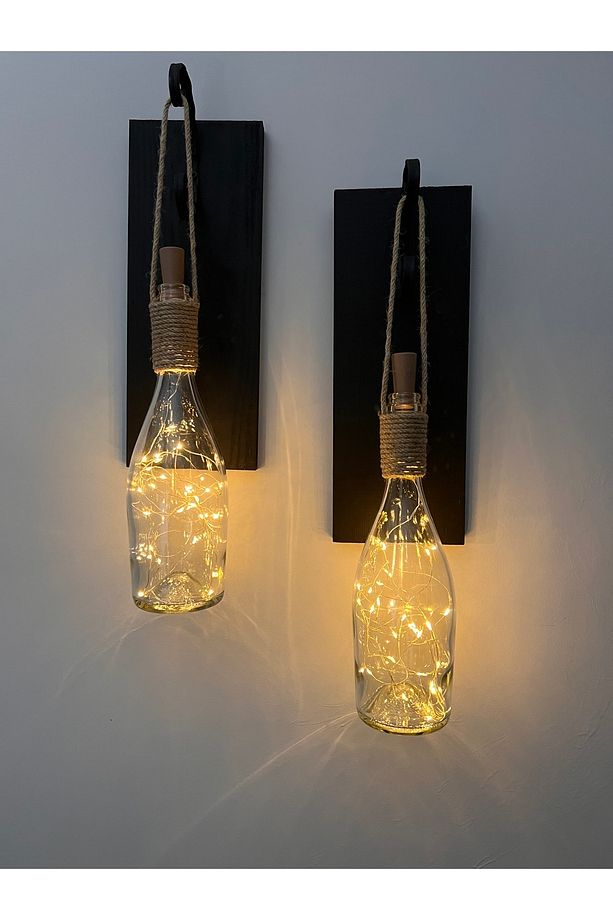 Tıpa Peri Led Işıklı Siyah Ahşap Cam Şampanya Şişesi Duvar Aplik 2'li Set - 2