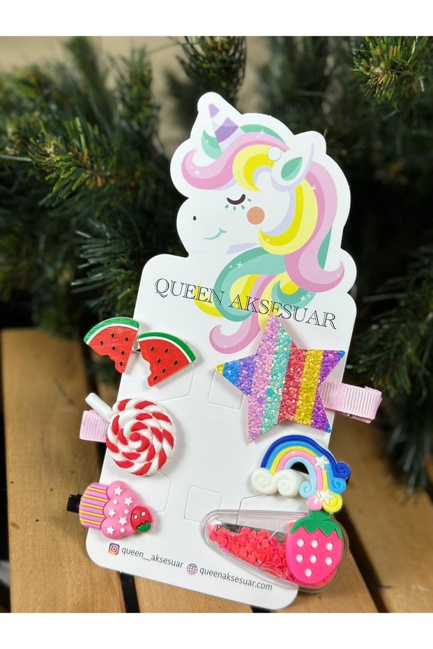 New Fashion Trend Baby Kids Snap Buckle Set of 6 Sequined Rainbow Star Lollipop Fruit