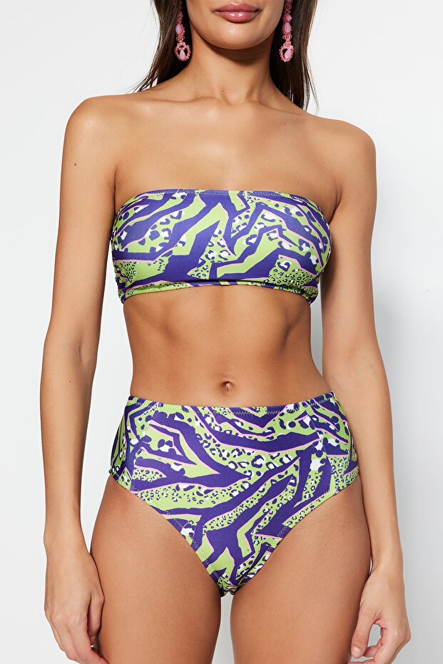 Leopar Desenli Straplez Kaplı Hipster Yüksek Bel Bikini Takımı TBESS22BT0018 - 4