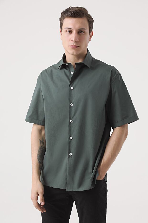 Oversize Haki Düz Gömlek