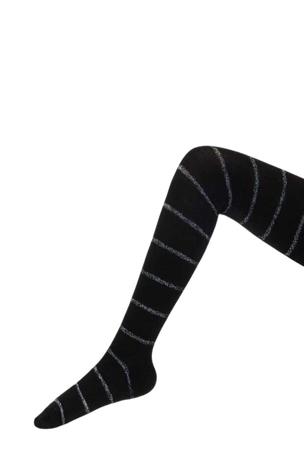 Girl's Black Glitter Striped Shiny Stripe Patterned Knitwear Thick Cotton Pantyhose