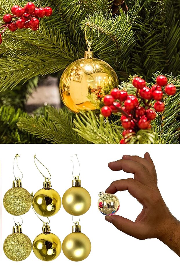 Gold 6-Piece New Year Ball Ornament 4cm Pine Tree Ornaments Christmas Decoration Balls Gold Yellow Mirrored Ornament