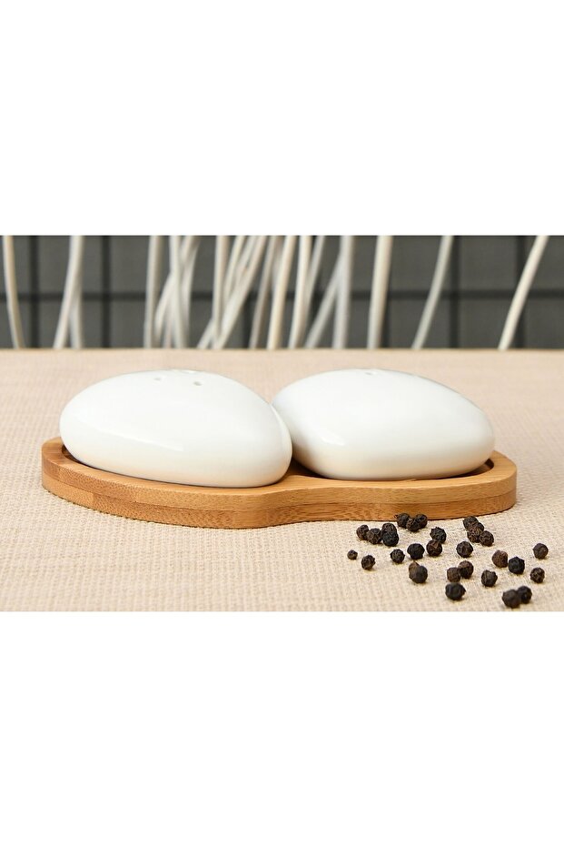 Porcelain Stone Salt and Pepper Shakers with Bamboo Base 16*3,5cm