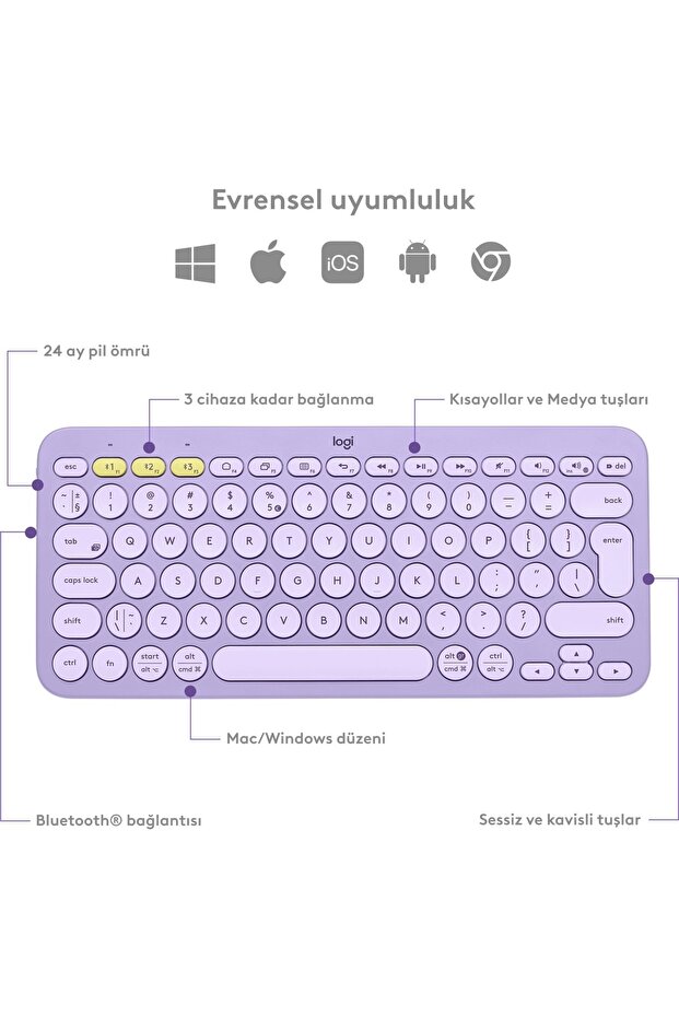 K380 Kompakt Kablosuz Bluetooth Türkçe Q Klavye - Lila - KL-169 - 7