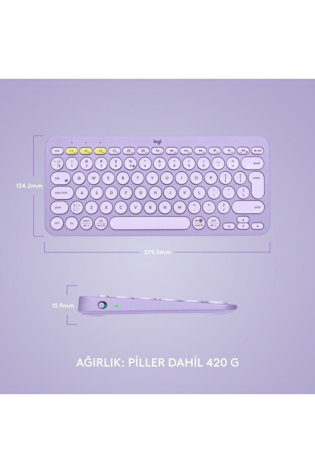 K380 Kompakt Kablosuz Bluetooth Türkçe Q Klavye - Lila - KL-169 - 8