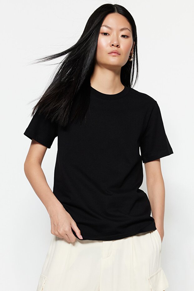 Siyah %100 Kalın Pamuklu Basic Bisiklet Yaka Örme T-Shirt TWOSS23TS00042 - 2