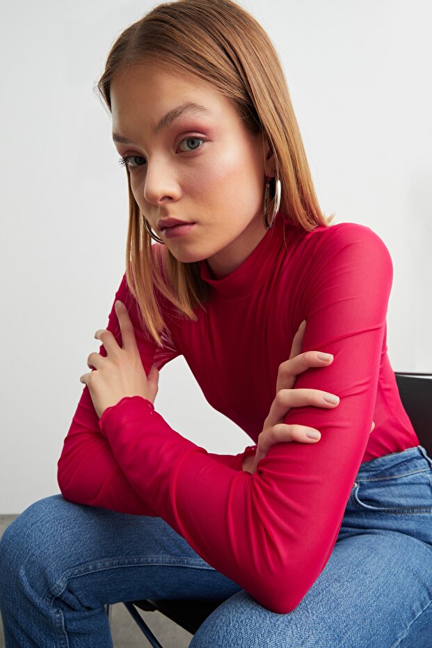 Women's Fuchsia Tulle Transparent Blouse