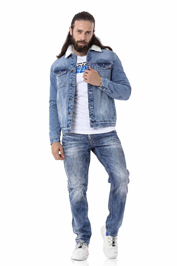 Cj294 Kürklü Basic Iceblue Jeans Ceket - 6
