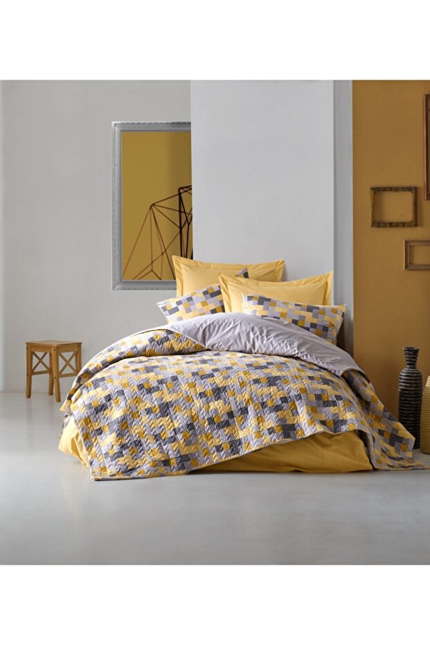 Four Seasons Minimal Double Quilted Piece Duvet Cover Set Elon Yellow 100% Cotton