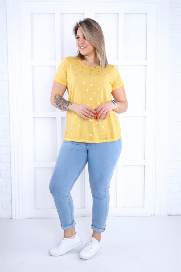 Women's Yellow Pineapple Print Oil Washing Plus Size T-Shirt