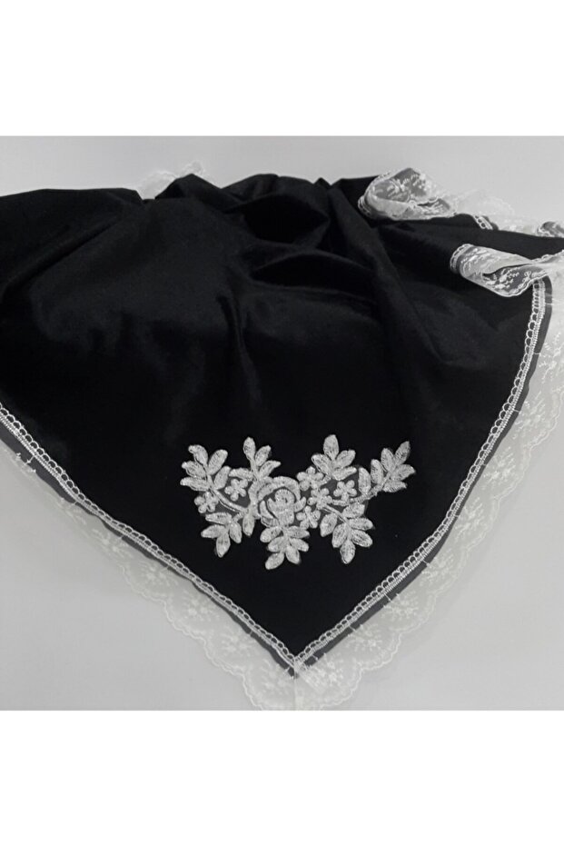Dowry Box with French Lace Appliqué and Ornate Velvet, Black