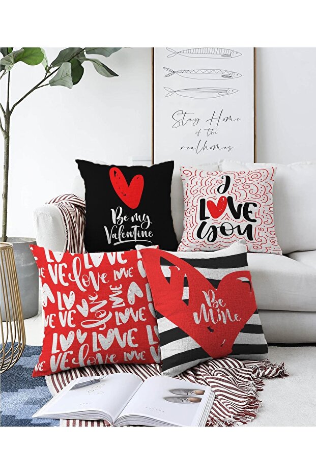 4-Piece Valentine's Day Concept Double Sided Special Design Modern Raschel Knitted Combination Throw Pillow Cover Set