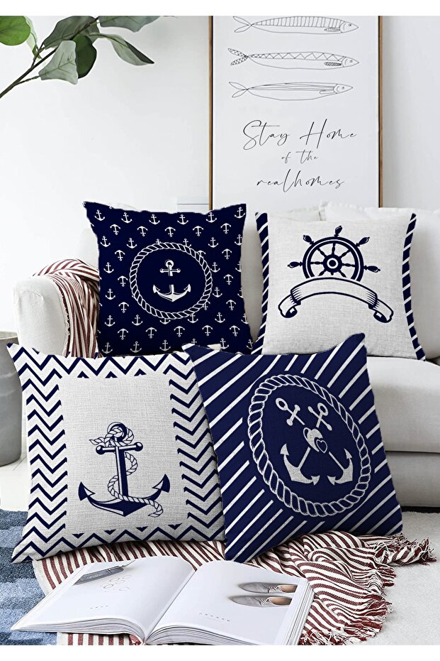4-Piece Dark Blue White Anchor Design Decorative Raschel Knitted Pillow Throw Pillow Cover Set 55x55cm