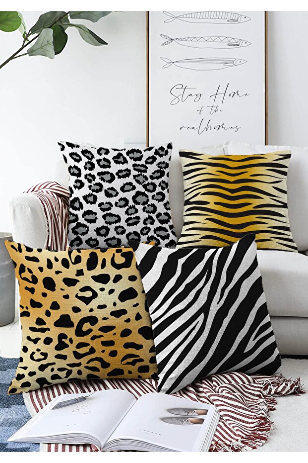4-Piece Double Sided Zebra Motif Special Design Modern Raschel Knitted Pillow Throw Pillow Cover Set 55x55cm