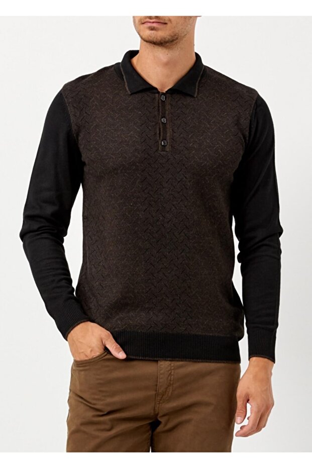 Men's Polo Collar Pocket Detailed Wool Sweater 3000 Black