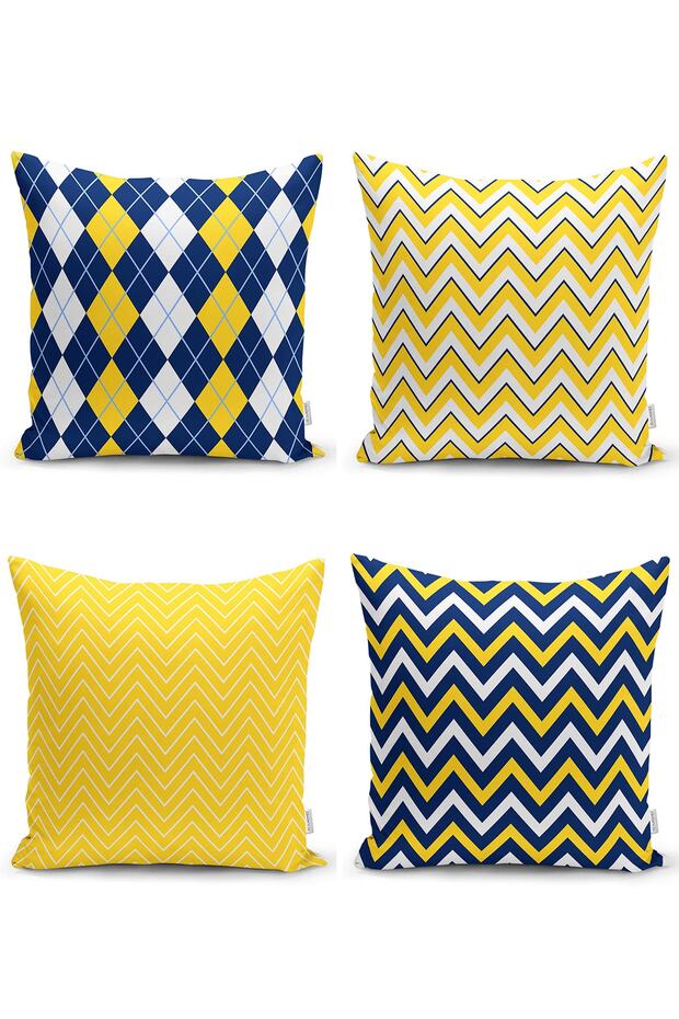 Yellow Navy Blue Zigzag Patterned Special Designed Pillow and Pillow Cover Set of 4