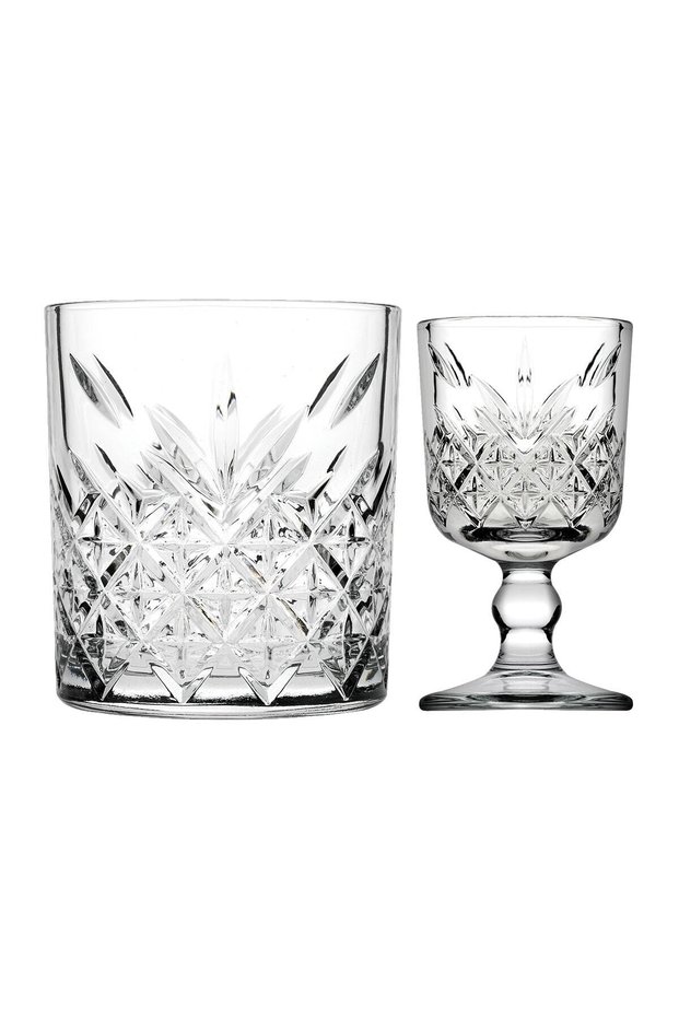 14 Piece Timeless Set - 8 Water/Soft Drink Glasses and 6 Stem Goblets, Coffee, Water/Sherbet/Liquor Glasses