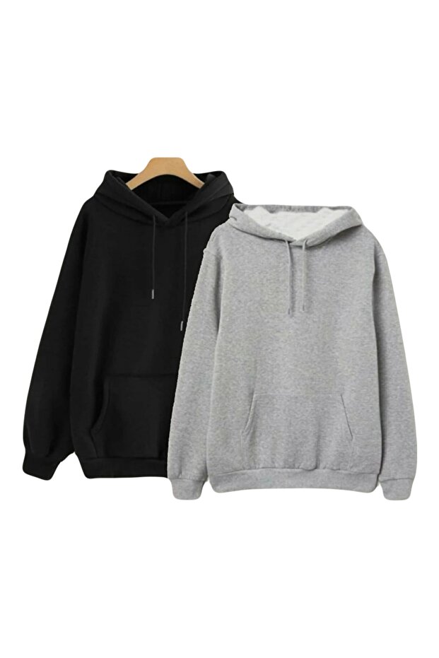 Siyah-gri Oversize Kapüşonlu Swetshirt - 1