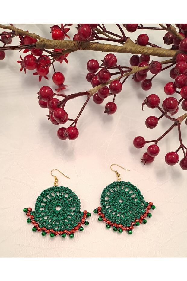 Hand Knitted Glittered Green Earrings Dangle Christmas Earrings Red Green Beaded
