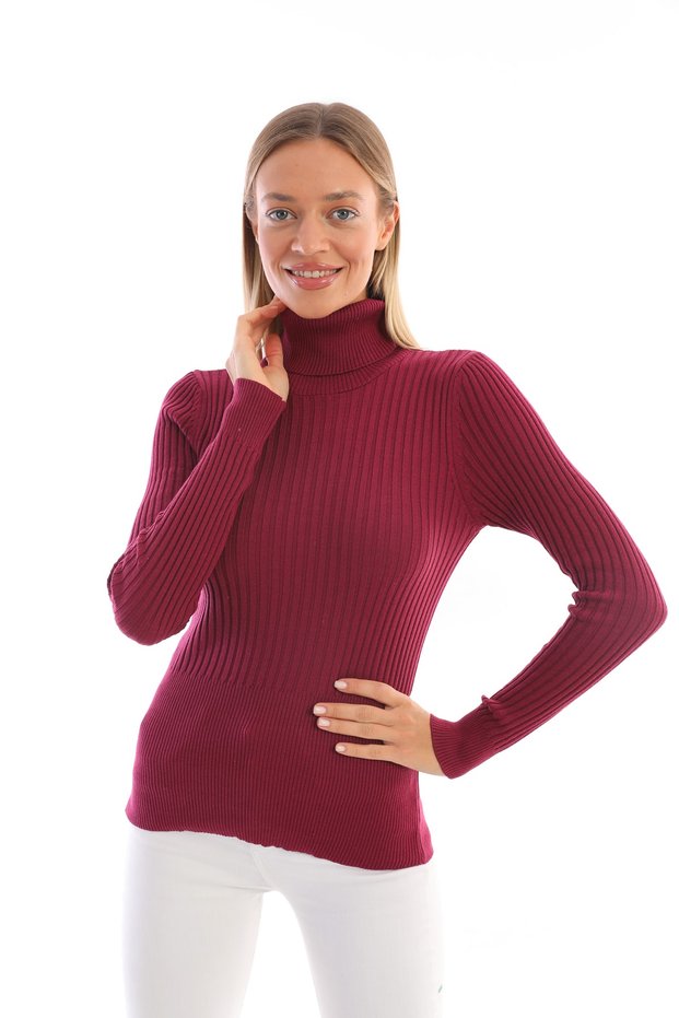 Women's Claret Red Corded Knitwear Turtleneck Sweater 100% Cotton Knitwear