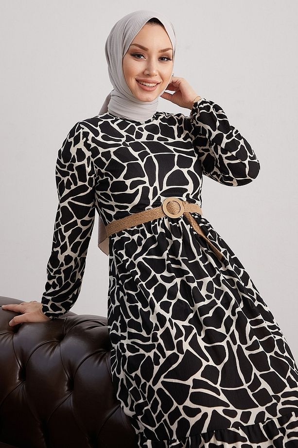 Else Taş Desenli Hasır Kemerli Elbise - Siyah - 2
