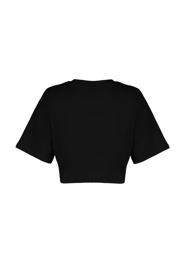 Siyah Relaxed/Rahat Kalıp %100 Kalın Pamuklu Crop Örme T-Shirt TWOSS23TS00038 - 8