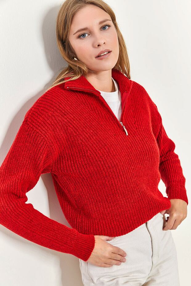 Women's Red Zippered Turtleneck Oversize Knitwear Sweater 20223202