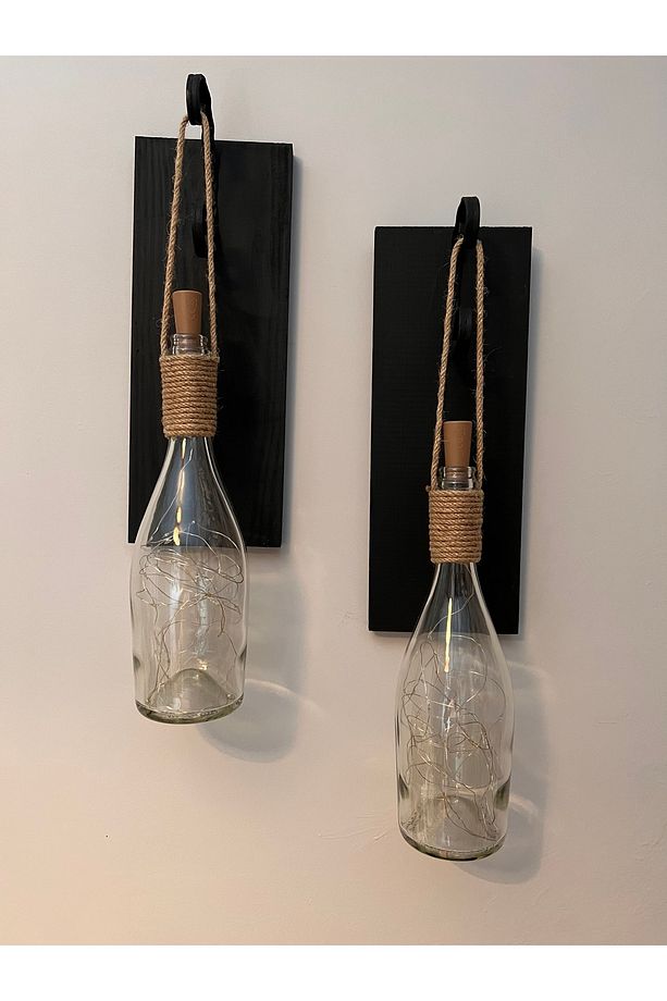 Tıpa Peri Led Işıklı Siyah Ahşap Cam Şampanya Şişesi Duvar Aplik 2'li Set - 5