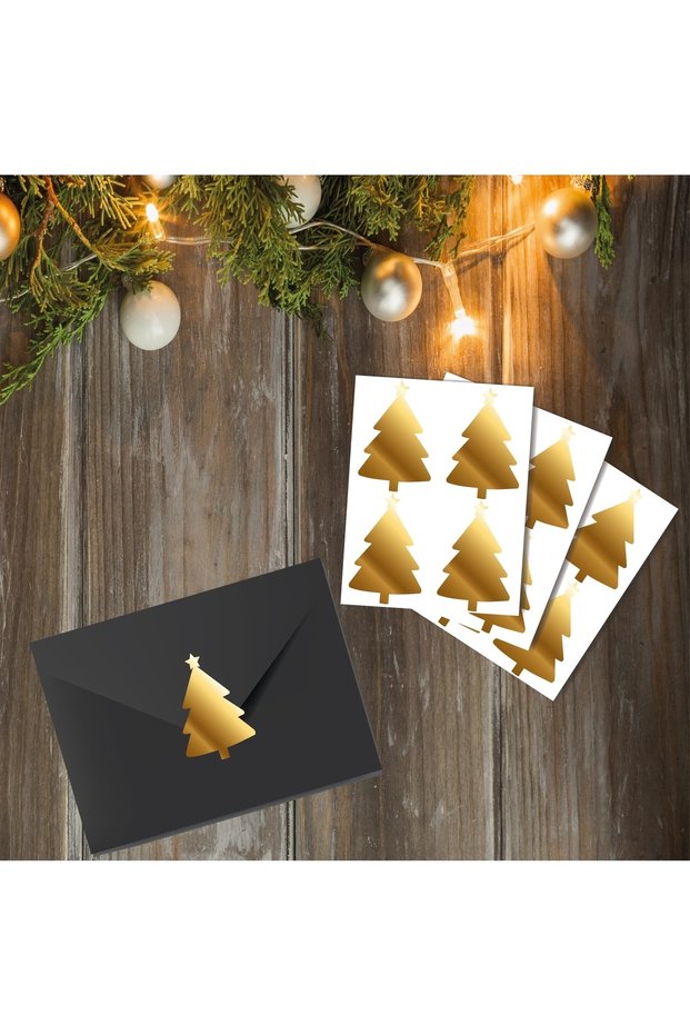 Adhesive Pine Tree Shaped Gold Sticker Label Gift Packaging Party Favors 12 Pieces 3x5 Cm