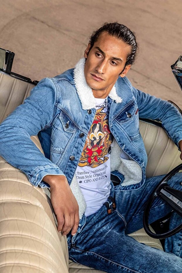 Cj294 Kürklü Basic Iceblue Jeans Ceket - 1