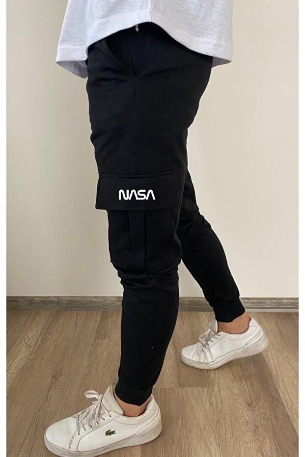 Nasa Printed Black Sweatpants with Elastic Waistband Cargo Pocket