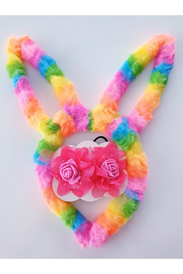 Rainbow Colored Plush Rabbit Ear Crown and Flower Double Rubber Buckle