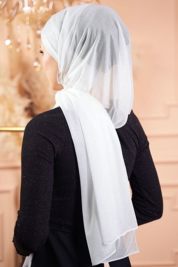 Simli Beyaz Abiye Şal - 3