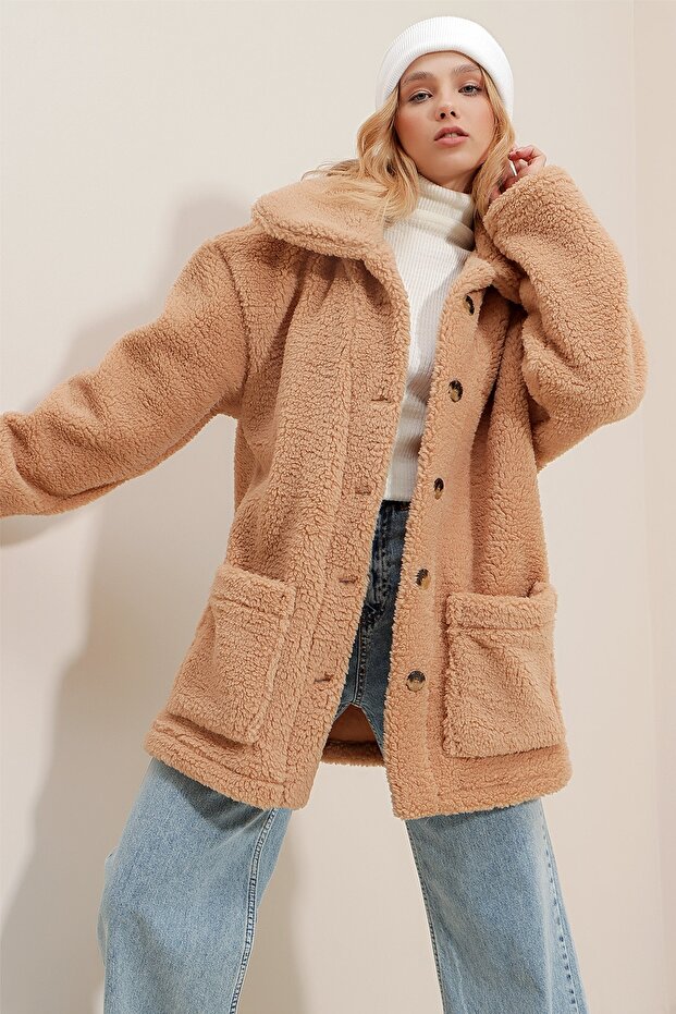 Women's Tan Polo Collar Double Pocket Buttoned Front Plush Coat ALC-X9681