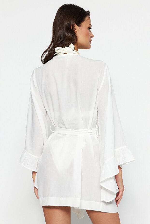 Ekru Dokuma Plaj Mini Kuşaklı Kimono&Kaftan TBESS21KM0002 - 5
