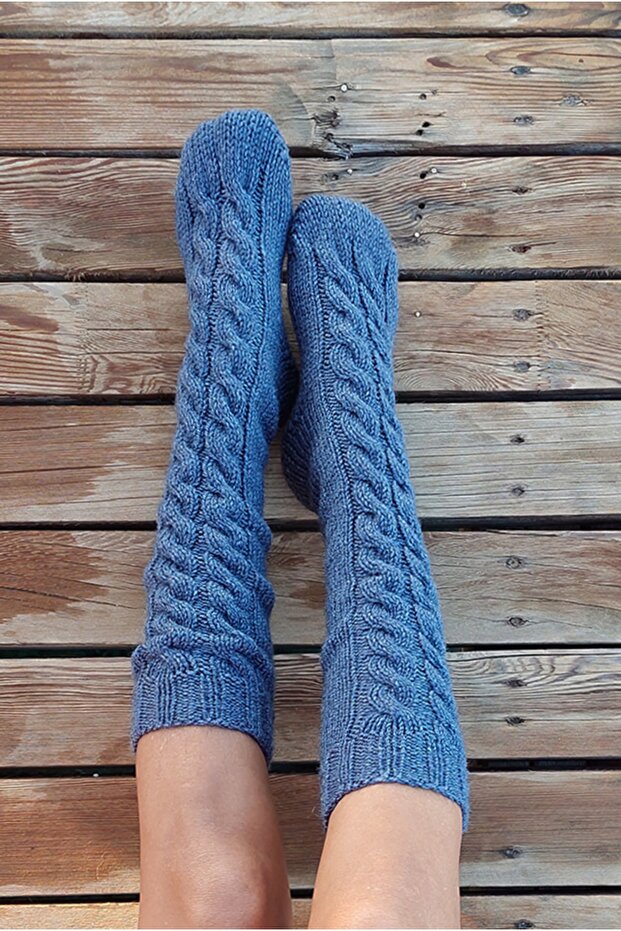 El Örgüsü Uzun Örgü Kalın Yün Çorap Mavi Denim - 2