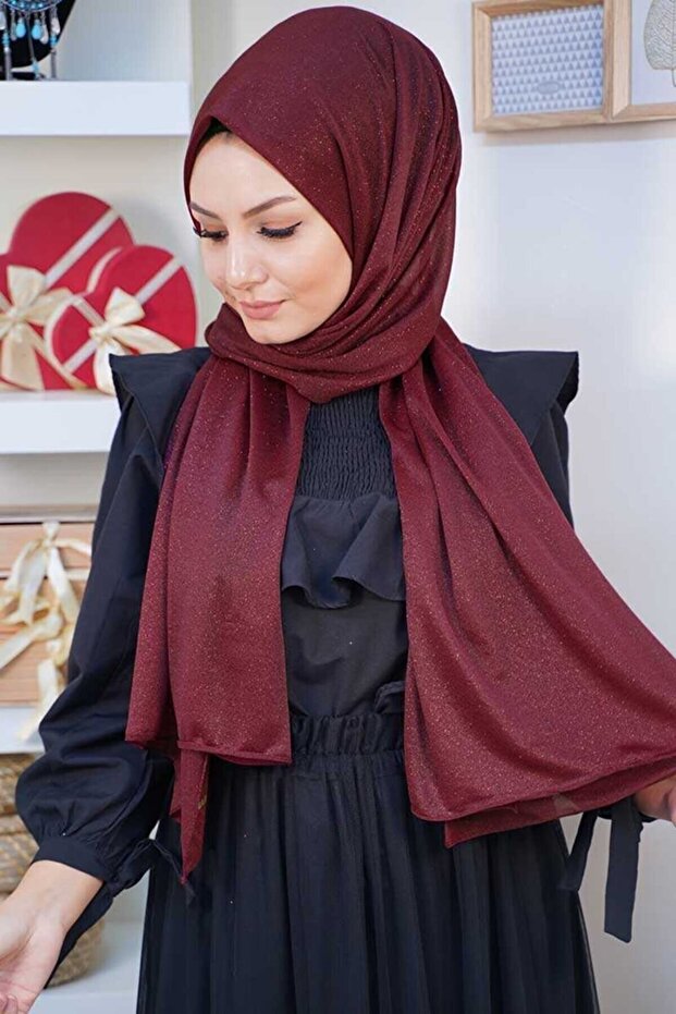 Simli Bordo Abiye Şal - 2