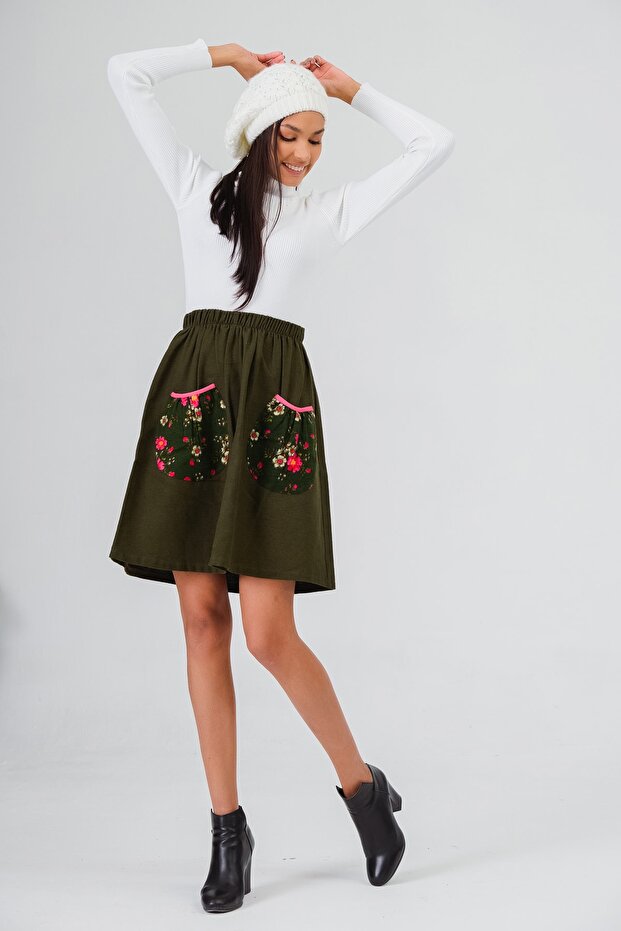 Divitin Flannel Elastic Waist, Pocket, Winter Skirt
