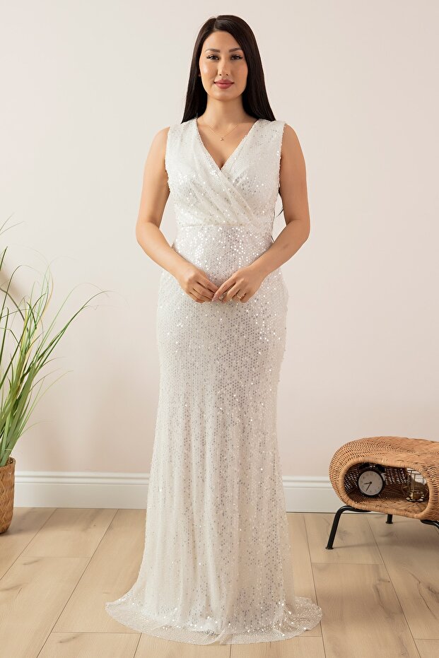 Sequin Sequin Zero Sleeve Double Breasted Collar Long Dress 13358