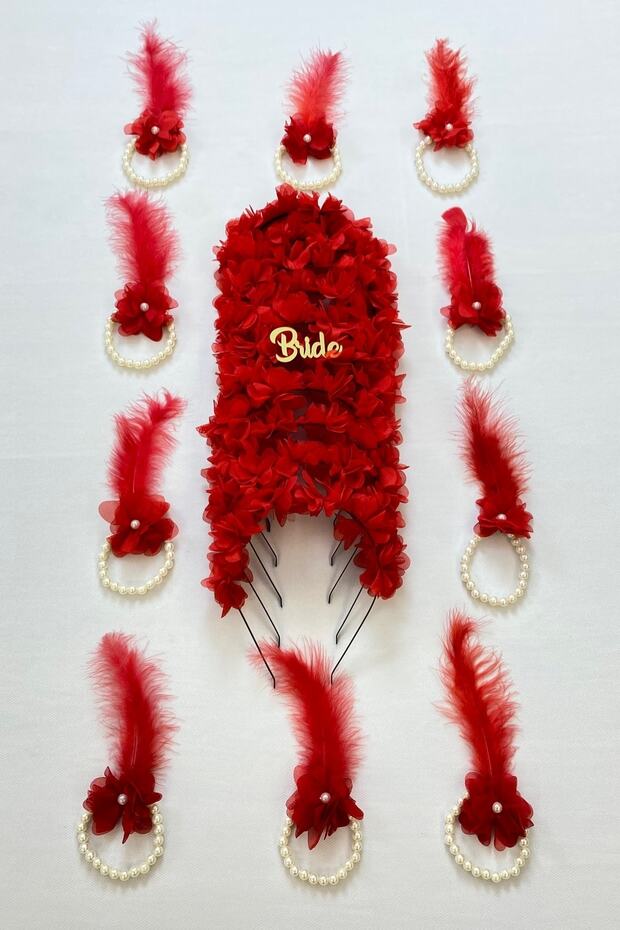 Red Bridesmaid Bracelet 5 Pieces, Bridesmaid Crown (Metal) 5 Pieces, Bachelorette Party, 11 Piece Set