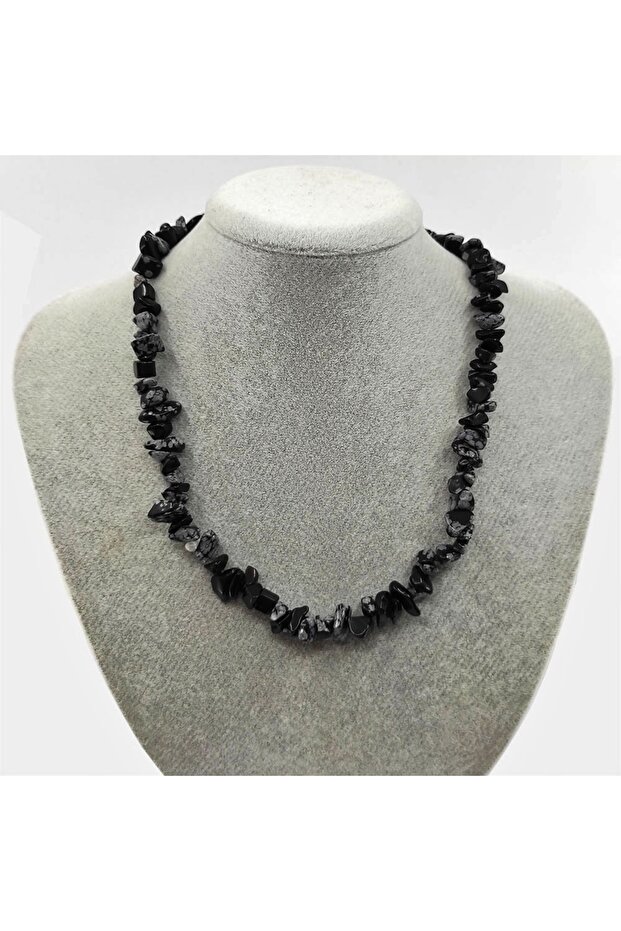 Black and White Obsidian Stone Broken Natural Stone Women's Necklace