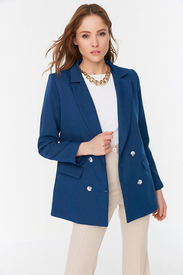 Indigo Regular Astarlı Kruvaze Kapama Dokuma Blazer Ceket TWOAW21CE0264 - 7
