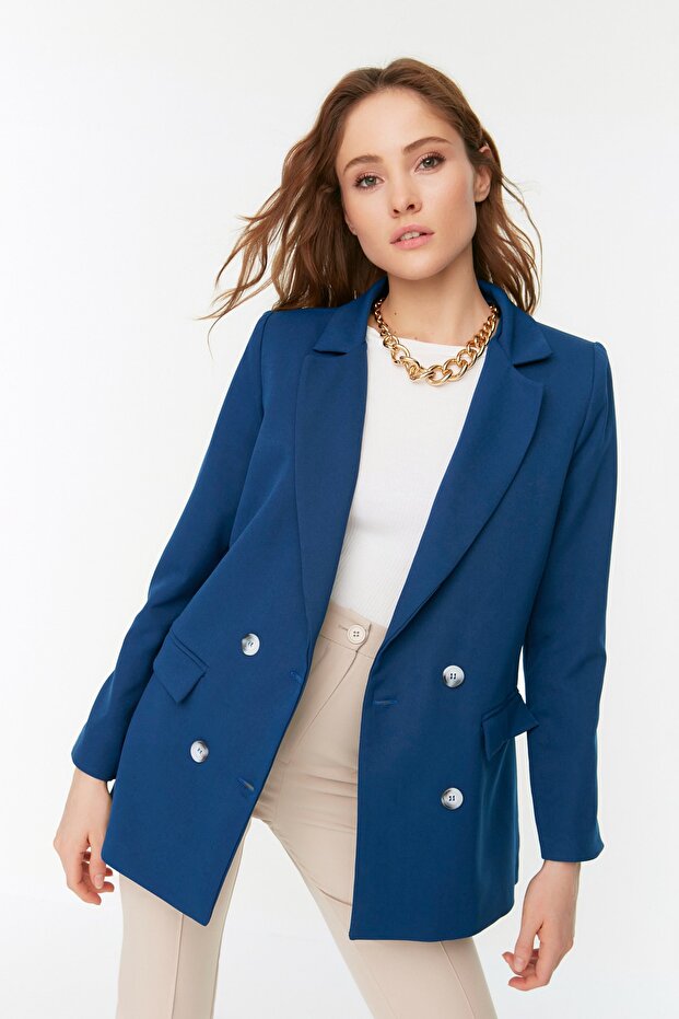 Indigo Regular Astarlı Kruvaze Kapama Dokuma Blazer Ceket TWOAW21CE0264 - 8